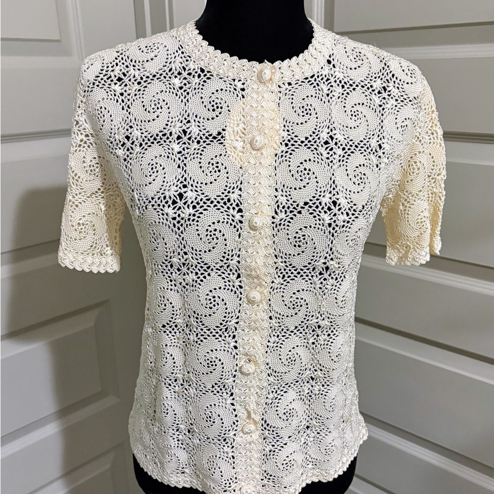 Vintage Cream Hand Crocheted Button-Up Sweater Size S
